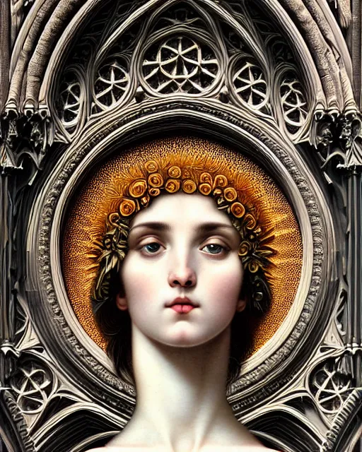 Image similar to hyperrealistic detailed portrait of a beautiful young goddess morphing into a gothic cathedral, authentic ornamental architecture, art by ernst haeckel, john william godward, android jones, h. r. giger, gothic, neo - gothic, heavily ornamental,