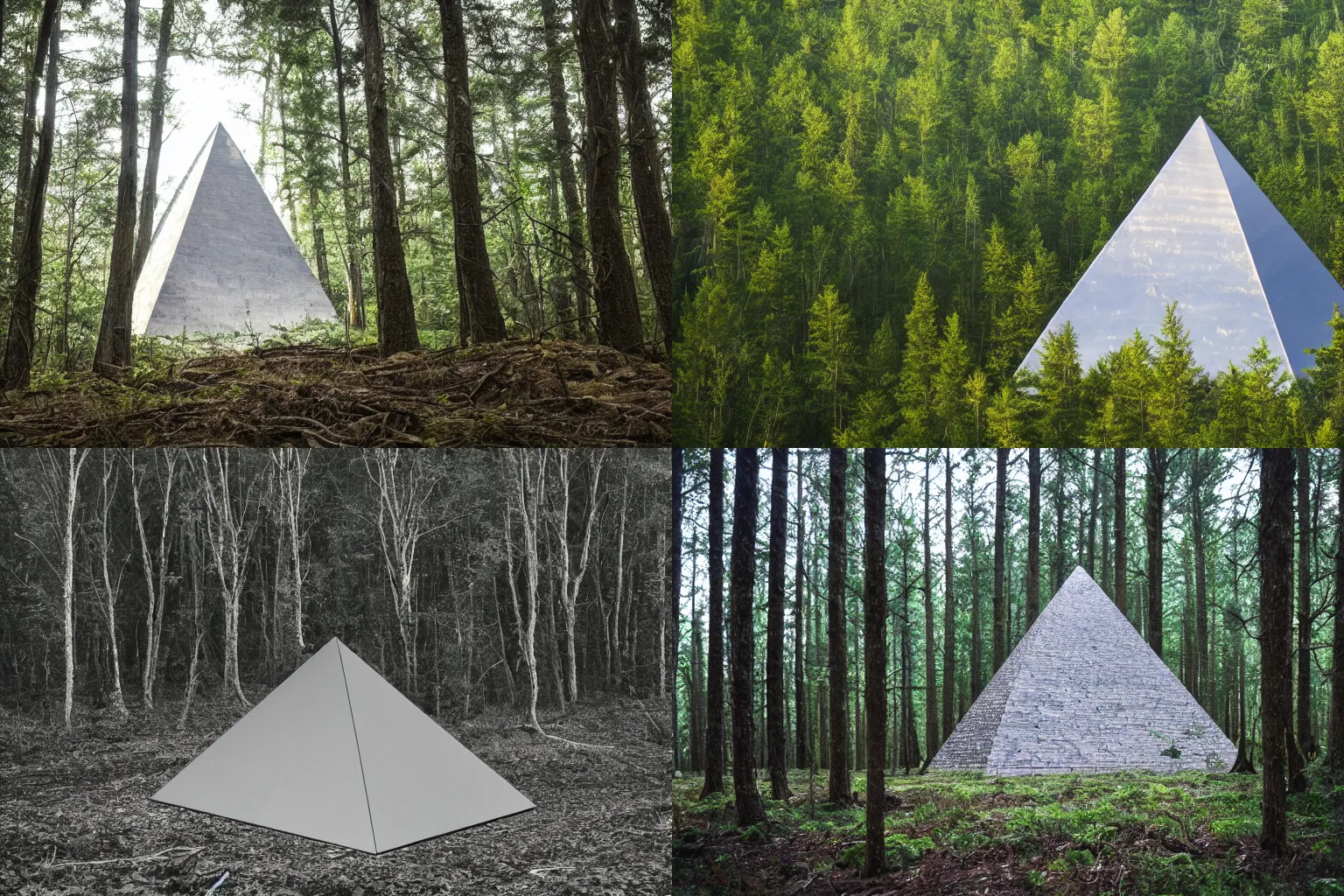 Prompt: large silver pyramid in the middle of a clearing in a brightly lit forest