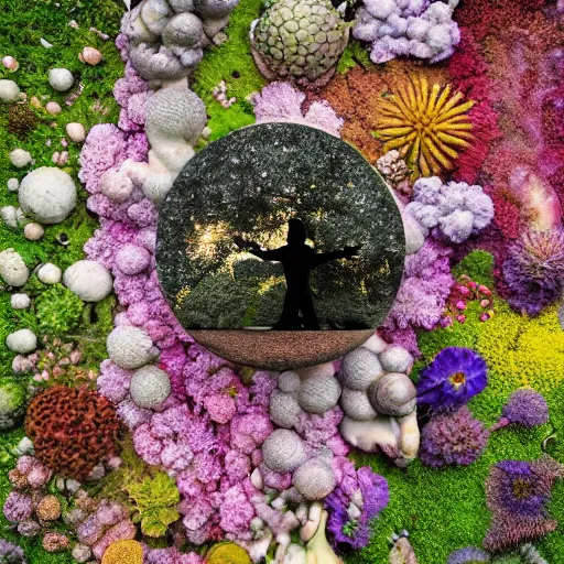 Image similar to A picture of a planet of various flowers, fungus and plants, Bonsai , in which the human figure is dressed in something magical and impressive, inside the picture is infinity, muted light, BotanicalAtmospheric phenomenon, artistic photography, muted colors, conceptual, Kodachrome