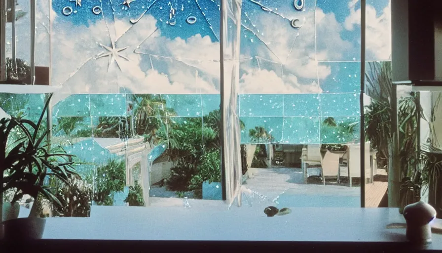 Prompt: A 1985 magazine architecture photo of a kitchen, mediterranean architecture, refracted lines and sparkles, thunderstorm outside, beach and Tropical vegetation on the background major arcana sky and occult symbols, hyperrealistic 8k uhd, award-winning, 1985