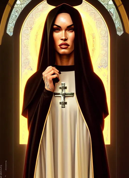 Image similar to portrait of megan fox as a sultry nun, catholic, church, bible, christian, intricate, headshot, highly detailed, digital painting, artstation, concept art, sharp focus, cinematic lighting, illustration, art by artgerm and greg rutkowski, alphonse mucha, cgsociety