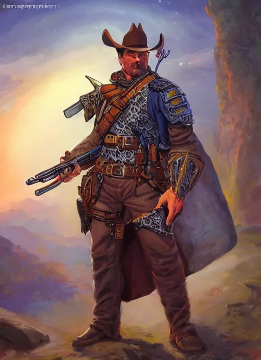 Image similar to gun slinger, dndbeyond, bright, colourful, realistic, dnd character portrait, full body, pathfinder, pinterest, art by ralph horsley, dnd, rpg, lotr game design fanart by concept art, behance hd, artstation, deviantart, hdr render in unreal engine 5