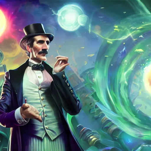 Image similar to portrait of nikola tesla as willy wonka, league of legends amazing splashscreen artwork, fantasy, splash art, natural light, elegant, photorealistic facial features, intricate, fantasy, detailed face, atmospheric lighting, anamorphic lens flare, cinematic lighting, league of legends splash art, hd wallpaper, ultra high details by greg rutkowski