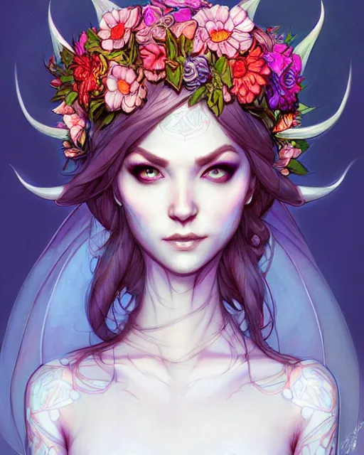 Image similar to digital art, centered full body elven bride with short hair, vivid flower crown ,intricate, veins, by James Jean and by artgerm, by ross tran , ultradetailed, charachter design, concept art, trending on artstation,