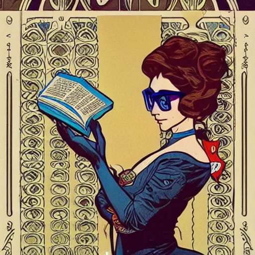 Prompt: a beautiful woman wearing glasses reading a book, art by josan gonzalez and jamie hewlett and alphonse mucha