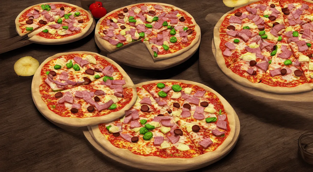 Image similar to one round tasty pizza with pineapple and ham, made in italy, ultra realistic, artstation