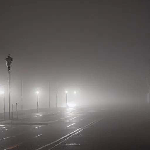 Prompt: A foggy council estate at night, with orange street lights