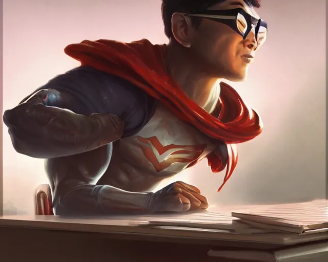 Image similar to an insanely detailed painting of a nerdy asian man wearing a superhero costume, sitting at a desk, staring at the nervously at the computer and typing, in the style of peter mohrbacher, dramatic lighting and composition, octane render, pixar, trending on artstation, concept art, comic book, view from behind