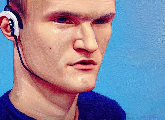 Prompt: vitalik buterin in headphones. vitalik buterin, medium shot, perfect symmetric face, coherent eyes, fine details., 4 k, hans zatska, oil paint