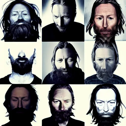 Image similar to versions collage, hyper realistic, many variations of thom yorke, very old, shot beard, long beard, face variations, various emotions, lost, reflective, cybernetic, high quality, brush stroke