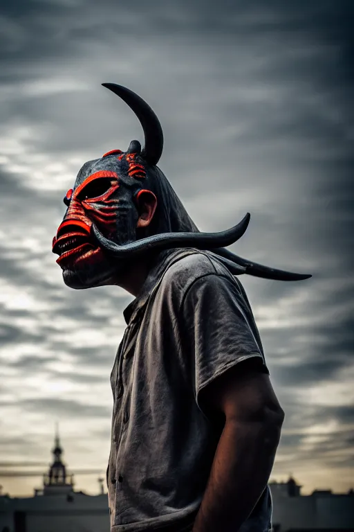 Prompt: guy with oni mask walkin on empty hood, photorealistic, smooth, 4 k, aesthetic lighting, baroque object, hyperdetailed, professional photography, pullitzer winning, photo by : canon eos 5 d mark iv, by karah mew and adnan abidi