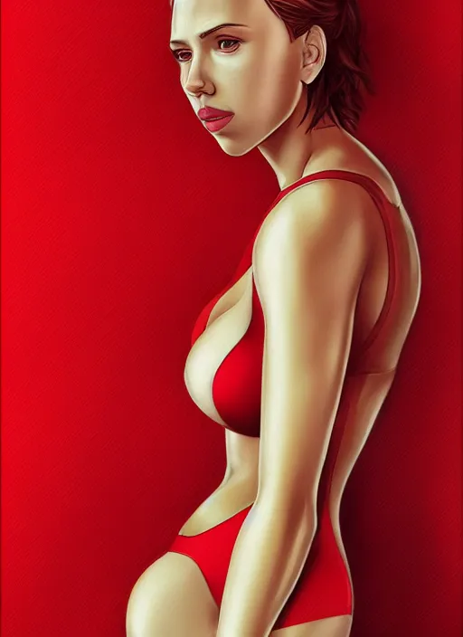 Image similar to 4k 8k photorealistic torso headshot portrait of Scarlett Johansson in tight fit contact red swimsuit reflective; @@Evangelion@@ anime. Beach vacation scene. by James Jean, Zac Retz, pixiv