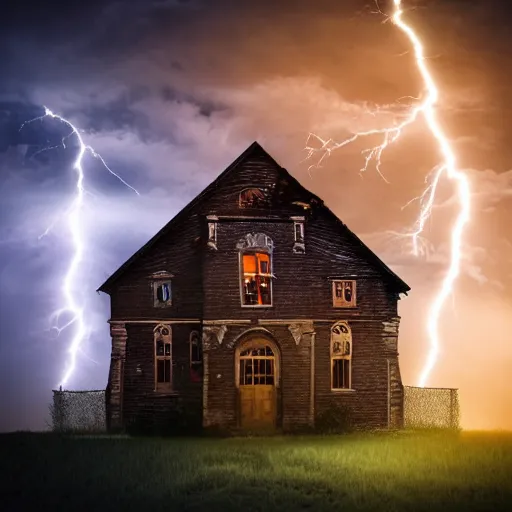 Prompt: haunted house, atmospheric, mist, lightning