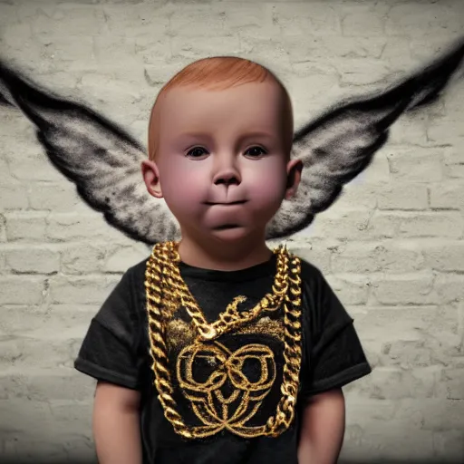 Image similar to a high tech 3 d rendering of a a baby cherub angel wearing a balaclava face mask, ski mask, face covered, gucci, chanel, covered face, fixed eyes, tattoos, multiple gold cuban chain necklace, graffiti in background octane render, blender