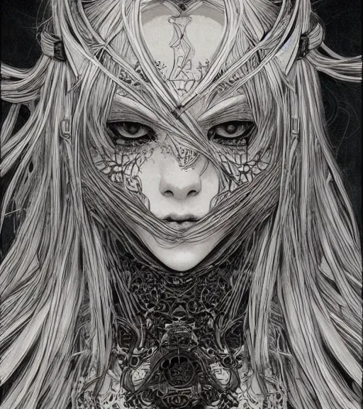 Image similar to portrait of anime woman witch, pen and ink, intricate line drawings, by yoshitaka amano, ruan jia, kentaro miura, artgerm, wlop, krenzcushart