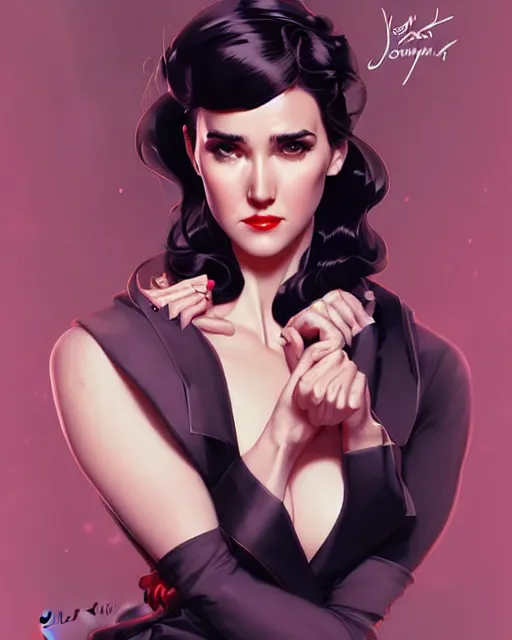 Image similar to a pin up and beautiful fashion charming dreamlke jennifer connelly, symmetrical face, symmetrical eyes, character art, art by artgerm lau and wlop and and ilya kuvshinov and john singer sargent, joshua middleton comic art