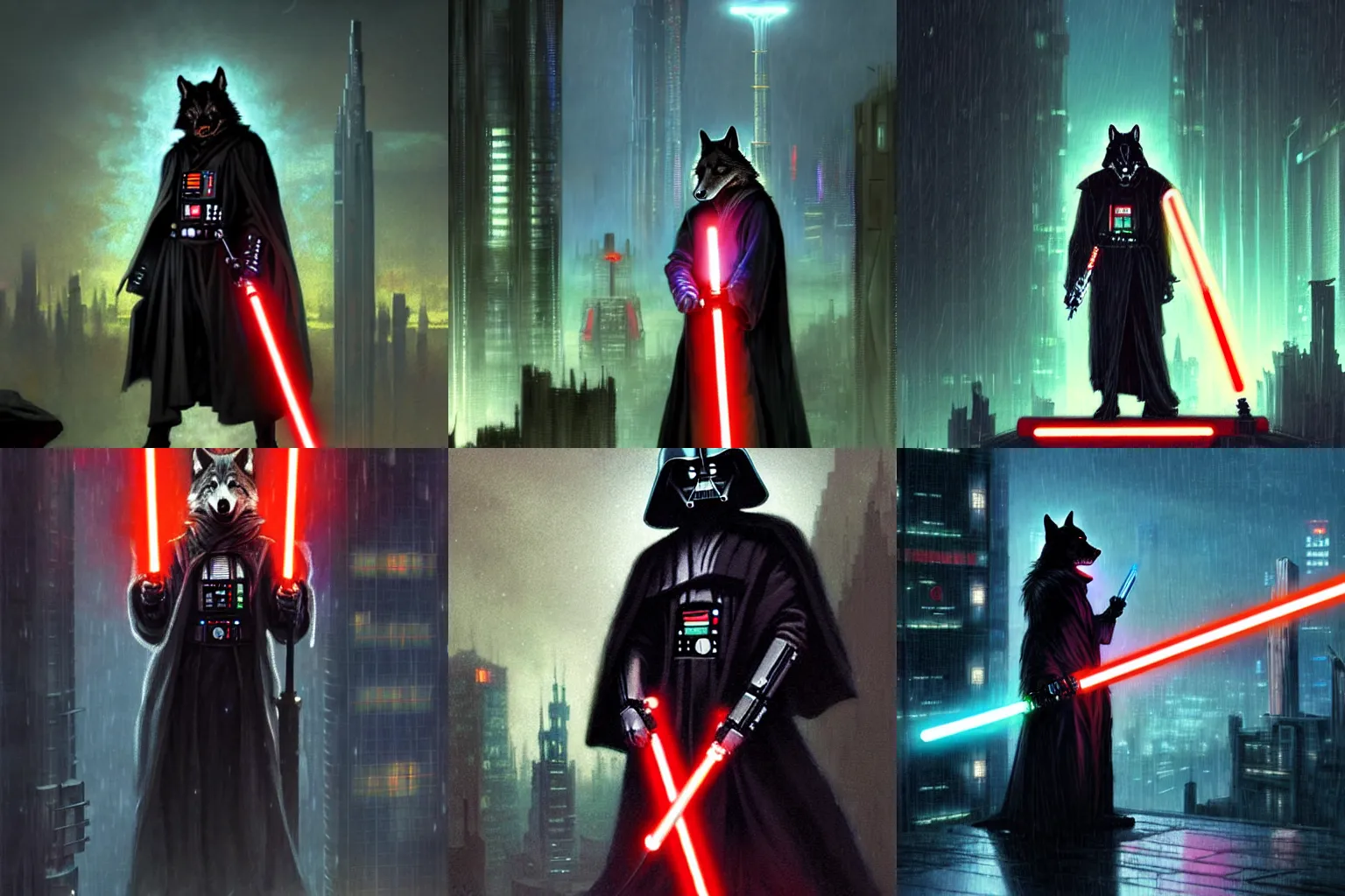 Prompt: a anthropomorphic wolf in black jedi robes wielding a lightsaber with a red blade, standing on top of the tallest building in a cyberpunk city at night while it rains. Neon light. Renowned character illustration by greg rutkowski, thomas kindkade, alphonse mucha, loish, norman rockwell. Trending on Artstation.