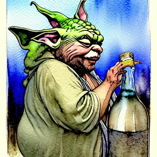 Image similar to a realistic and atmospheric watercolour fantasy character concept art portrait of a fat sleazy homeless yoda wearing a wife beater drinking out of a broken bottle, by rebecca guay, michael kaluta, charles vess and jean moebius giraud
