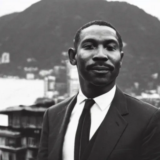 Image similar to vintage photo of a black man wearing a black suit in front of rio de janeiro