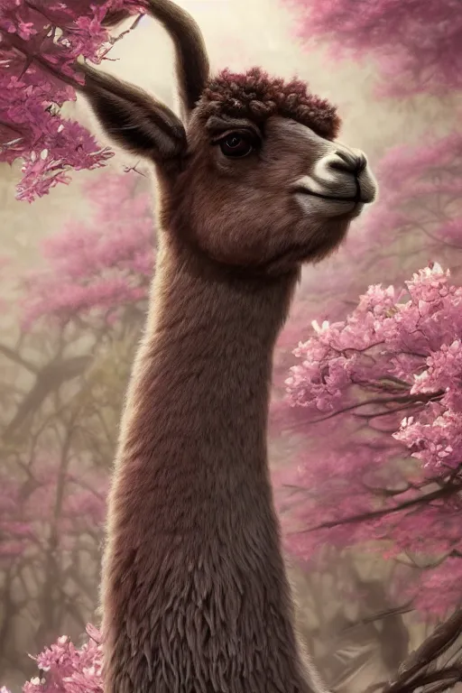 Image similar to Anthro Portrait of japanese llama, D&D, dark fantasy, anthro portrait, sakura blooming on background, intricate, elegant, llama portrait, highly detailed, digital painting, artstation, concept art, smooth, sharp focus, llama, illustration, art by artgerm and greg rutkowski and alphonse mucha, daily deviation, very very llama