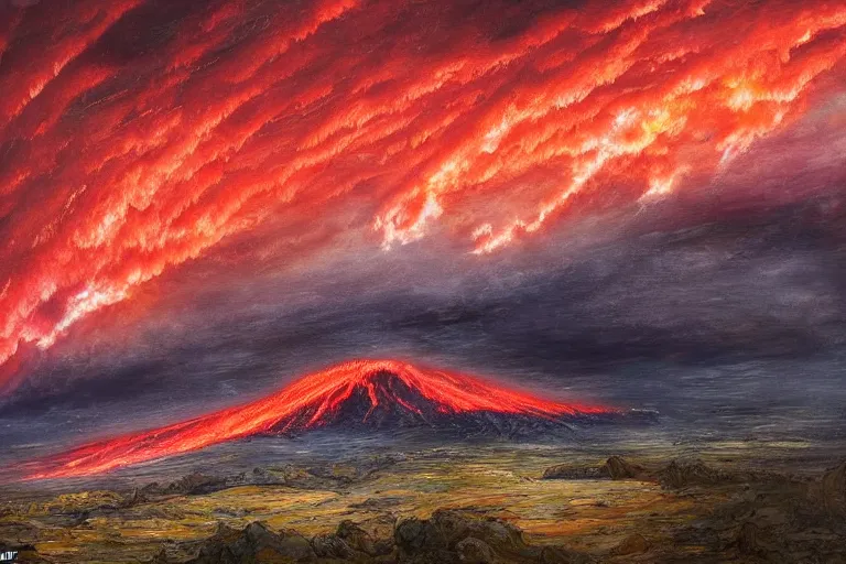 Image similar to a detailed volcanic landscape , violent clouds in the sky with glowing red eyes in the sky