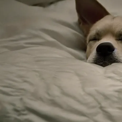 Image similar to close - up of a dog sleeping in a bed made of clouds, cinematic shot, photo still from movie by denis villeneuve