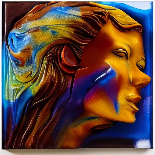 Image similar to epic, abstract sculpture of beautiful female face and marbling liquifying acrylic painting, clouds, golden hour, beautiful light, 3 d sculpture of carving marble
