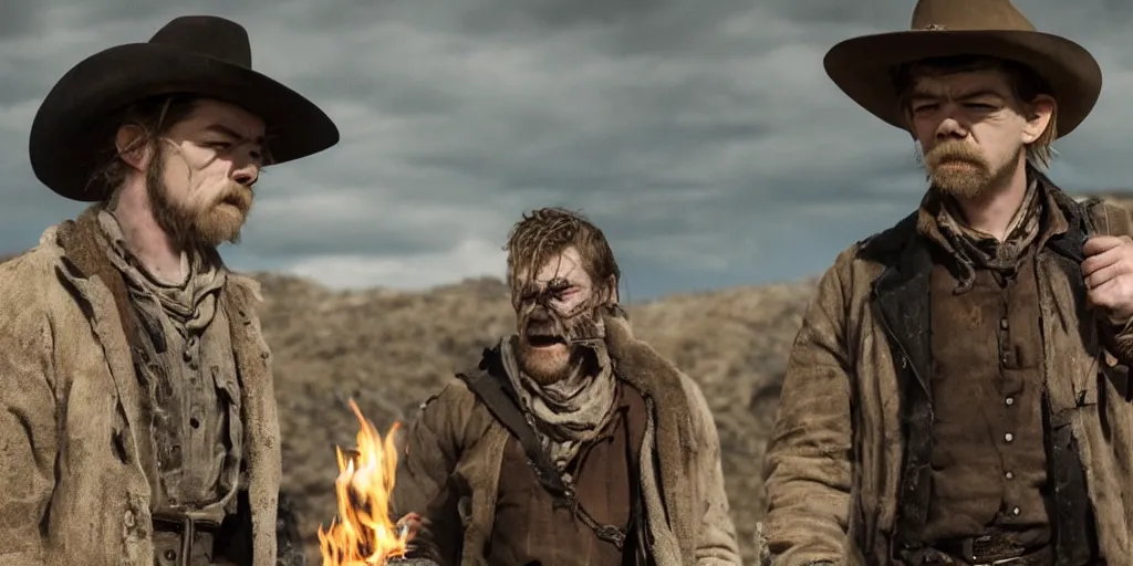 Prompt: extreme wide of rugged bandit cialien murphy ( ( alone ) ) in the old west, handcuffed by shackles at a campfire and thomas brodie - sangster ( ( alone ) ), violently fist fighting, volumetric lighting, cinematic, dark, grim, unforgiven