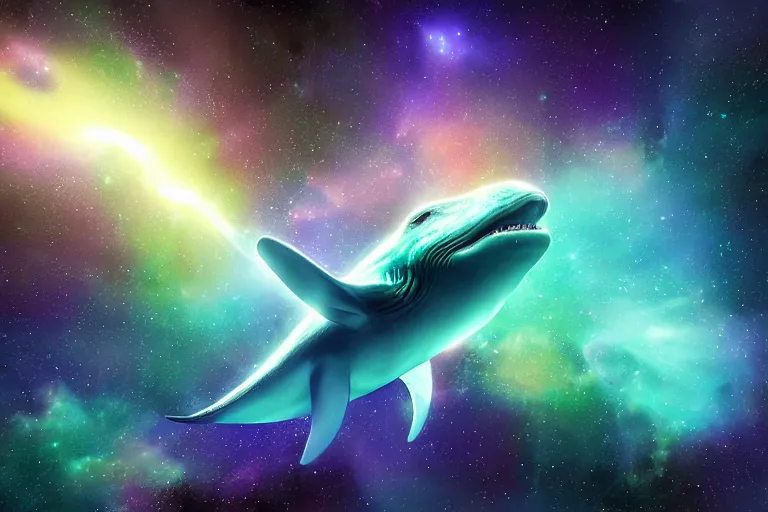 Image similar to a cosmic bioluminescent whale jumping through a space nebula leaving stardust trails behind, digital art, photorealistic