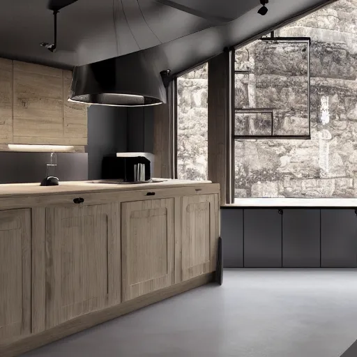 Prompt: luxury bespoke kitchen design, modern rustic, Japanese and Scandinavian influences, understated aesthetic, innovative materials and texture, by Roundhouse Design