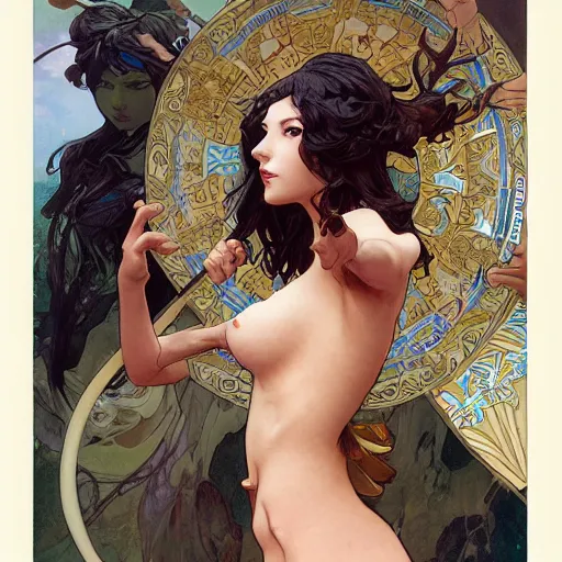 Image similar to dark-haired beauty in bikini styles by artgerm and greg rutkowski and alphonse mucha and J. C. Leyendecker and Edmund Blair Leighton and Katsuhiro Otomo and Geof Darrow and Phil hale and Ashley wood and Ilya repin and Charlie Bowater