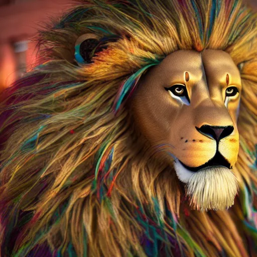 Image similar to scene of an anthropomorphic lion at a protest movement exquisite detail lion in hippie clothes, Streetwear, hippie fashion, protest movement, trending on artstation, bokeh, incredible detail, Graeme Base, 8k detail, gi, global illumination, physically based rendering, photoreal, small details, intricate complexity