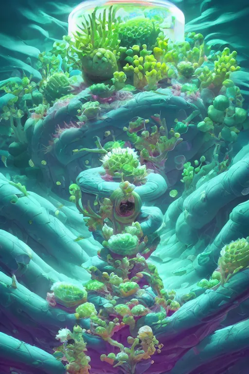 Image similar to roots cactus sushi cristal smurf ghost creature animal sushi cristal very big eye roots cactus elemental flush of force nature micro world fluo fishscale, behance hd by jesper ejsing, by rhads, makoto shinkai and lois van baarle, ilya kuvshinov, rossdraws radiating a glowing aura global illumination ray tracing hdr