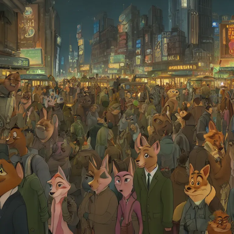 Image similar to few people waiting in a bus stop in dark city night, detailed, high quality, high resolution, screenshot from Zootopia