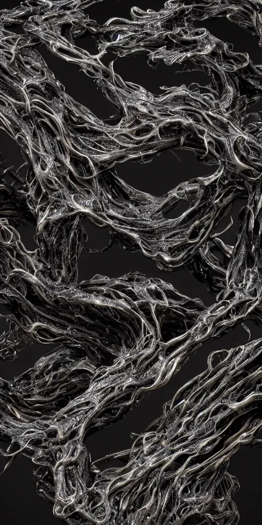 Image similar to a photorealistic render of an abstract organic sculpture made of melted metal and bioluminescent beings on a black background, c 4 d, by zhelong xu ouchh studio and ernst haeckel, wide angle, hyper realistic, plain black background, 8 k, volumetric lightning, octane render