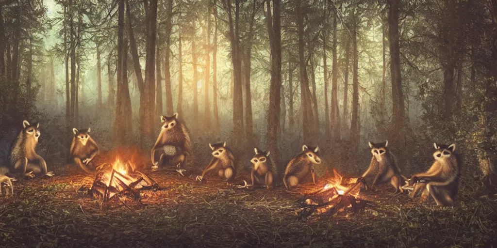 Image similar to A small group of racoons is sitting in the forest next to a campfire. There is a wolf sneaking from the side. Cinematic, very beautiful, painting in the style of Lord of the rings