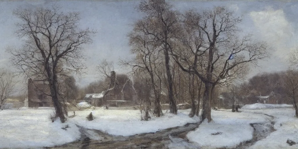 Image similar to a house during a severe winter, by george henry durrie, tree swaying, snow falling