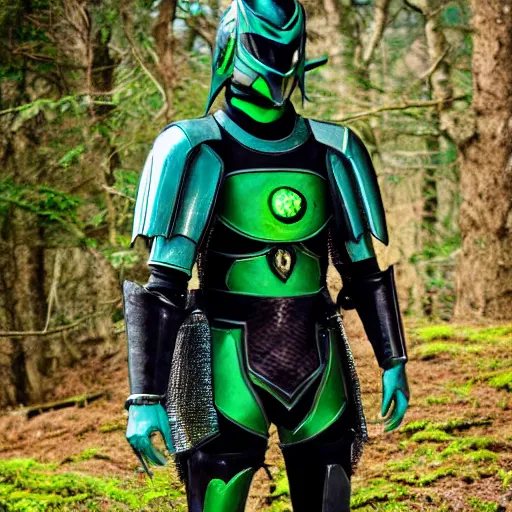 Image similar to High Fantasy Kamen Rider, glowing eyes, 4k, forest plains of north yorkshire, daytime, chainmail rubber undersuit, segmented armor, dark blue armor with green secondary color, tokusatsu