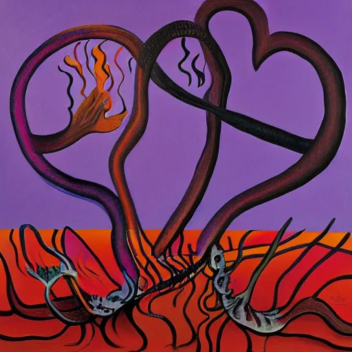 Image similar to a highly detailed painting of the purple hearts in flames, inspired by dali, matisse, klee, bosch, david hockney, trending on artstation, 4 k