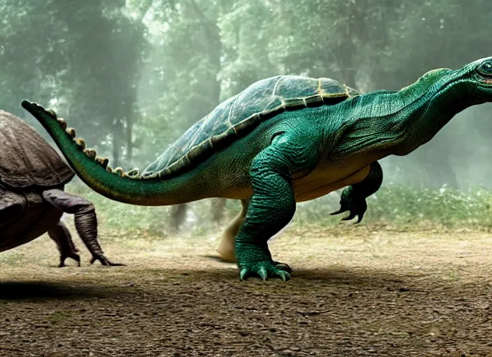 Image similar to film still of real life dinosaur turtle yoshi in the new sci - fi movie, 8 k