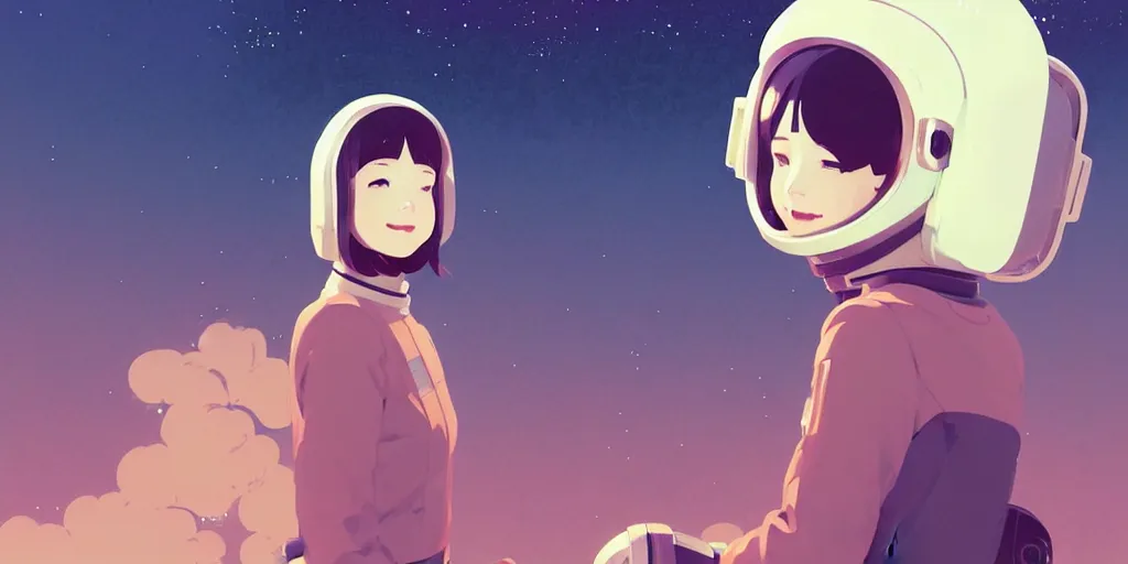 Prompt: portrait of a smiling girl in astronaut helmets by ilya kuvshinov, cloudy sky background lush landscape ln illustration concept art anime key visual trending pixiv by victo ngai fanbox by greg rutkowski makoto shinkai takashi takeuchi studio ghibli