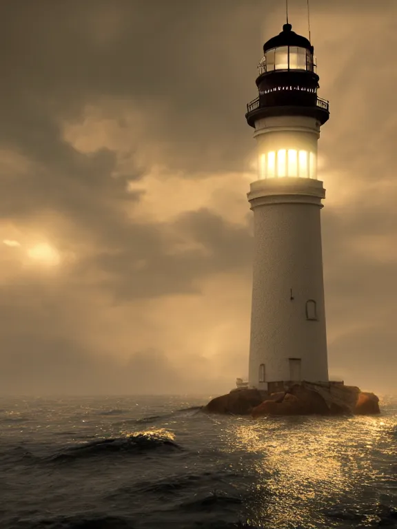 Prompt: photo of 8k ultra realistic lighthouse on island, heavy rain, night, light shining, heavy seas, full of colour, cinematic lighting, battered, trending on artstation, 4k, hyperrealistic, focused, extreme details,unreal engine 5, cinematic, masterpiece, art by studio ghibli