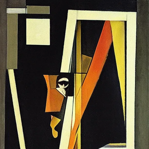 Image similar to a 1912 modernist painting by Marcel Duchamp of a woman walking downstairs, depicting motion by successive superimposed images. Cubist. Futurist.