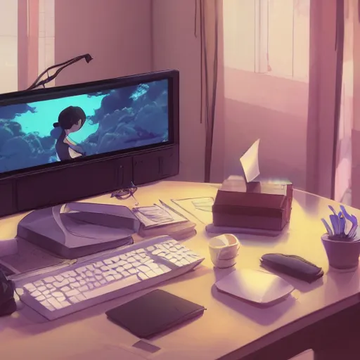 Image similar to beautiful scene render of a desk, monitor, steaming coffee on desk, dimly lit bedroom, perfectly shaded, atmospheric lighting, style of makoto shinkai and peter mohrbacher, studio ghibli. artgerm, karol bak, beeple, animation style, 8 k hd, ultra wide angle, hyper detailed