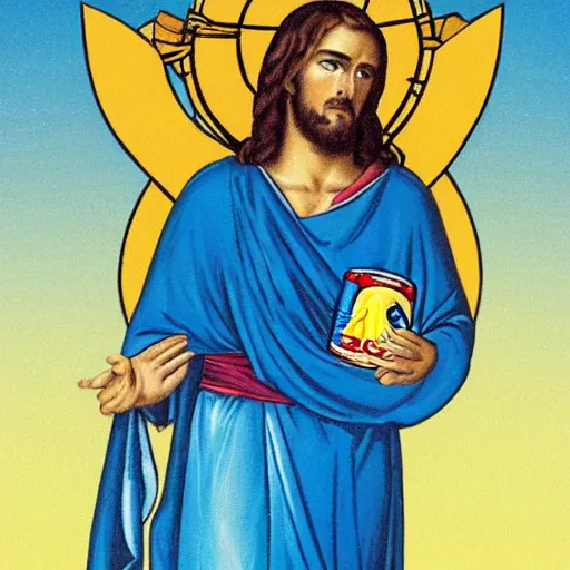 Image similar to jesus holding a can of Redbull