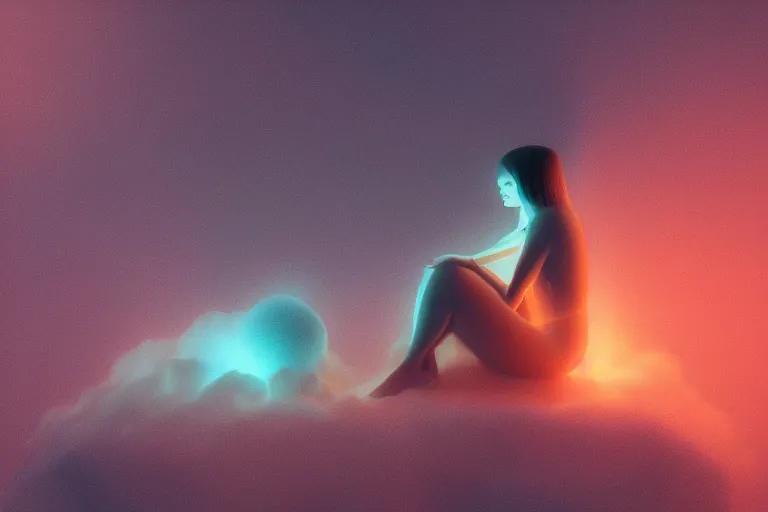 Image similar to a cute alien girl sitting on a cloud relaxing, misty, glows, digital art, hazy, foggy, red lighting, ambient lighting, 8 k,