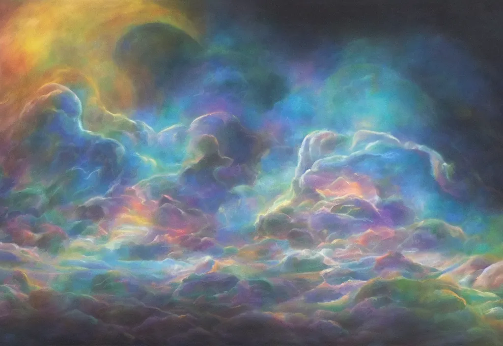 Image similar to iridescent temple of sleep non-Euclidean geometry sleepwalker mythos dream clouds and lambent fog, award winning oil painting, polychromatic spectrum