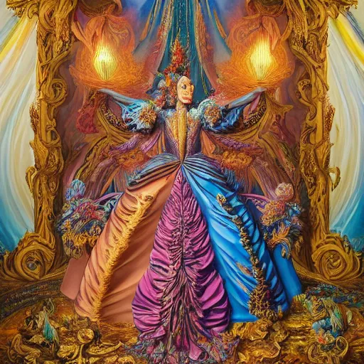 Image similar to beautiful oil painting, full length portrait of dauphinois in baroque coronation robes 1701, Dan Mumford, Dan Mumford, Alex grey, highly detailed , lsd visuals, dmt fractal patterns, hallucinogen, visionary art, psychedelic art, ornate, vaporwave, baroque, Greg rutkowski