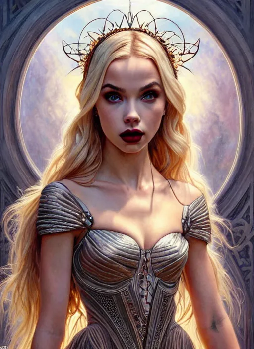 Image similar to ultra realistic illustration, a stunningly beautiful greek gothic goddess of chaos played by jordyn jones and dove cameron and margot robbie and taylor swift and megan fox and adriana lima, intricate, elegant, highly detailed, digital painting, artstation, concept art, smooth, sharp focus, illustration, art by artgerm and greg rutkowski and alphonse mucha