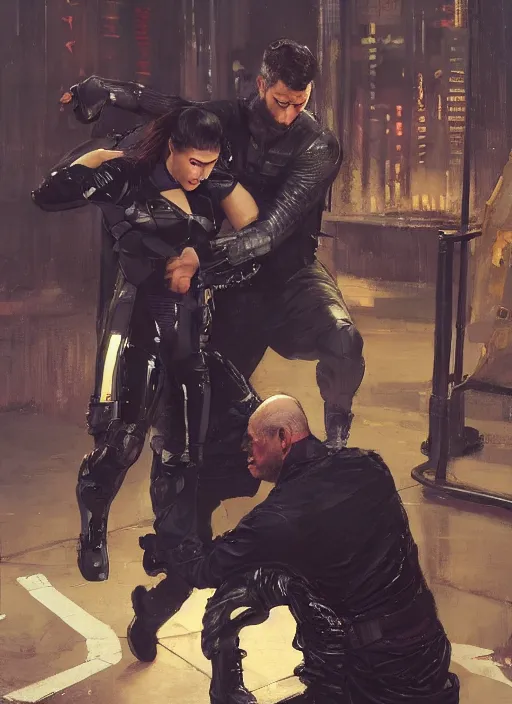 Image similar to bruce wayne teaching self defense. cyberpunk mercenary in a cyberpunk jumpsuit ( blade runner 2 0 4 9, cyberpunk 2 0 7 7 ). orientalist portrait by john william waterhouse and james gurney and theodore ralli and nasreddine dinet, oil on canvas. cinematic, hyper realism, realistic proportions, dramatic lighting, high detail 4 k